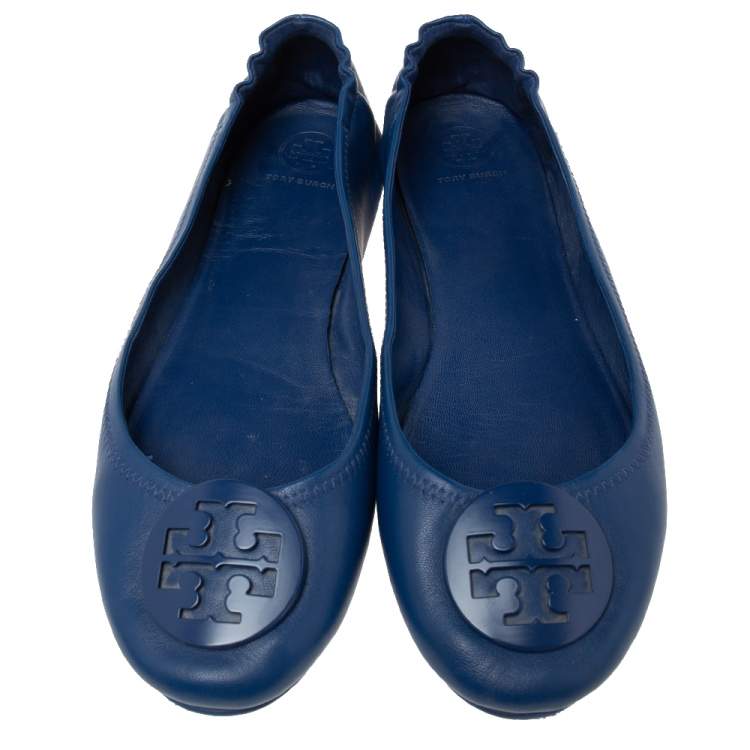 Pre Owned Tory Burch Royal Blue Leather Minnie Travel Ballet Flats Size 41.5