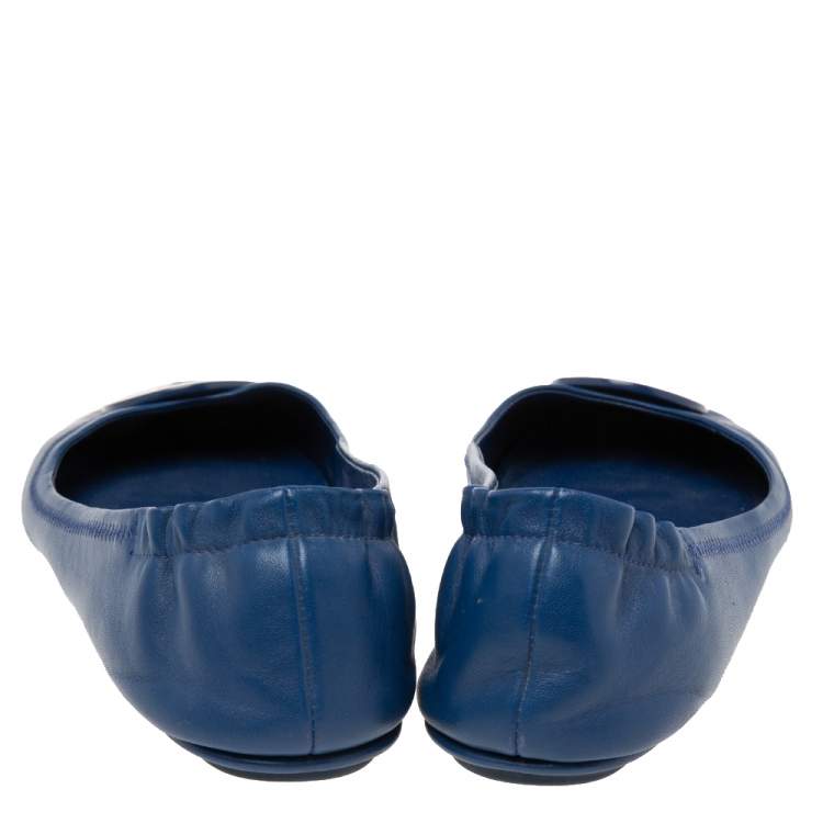 Pre Owned Tory Burch Royal Blue Leather Minnie Travel Ballet Flats Size 41.5