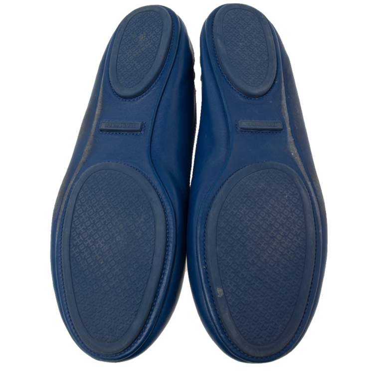 Pre Owned Tory Burch Royal Blue Leather Minnie Travel Ballet Flats Size 41.5