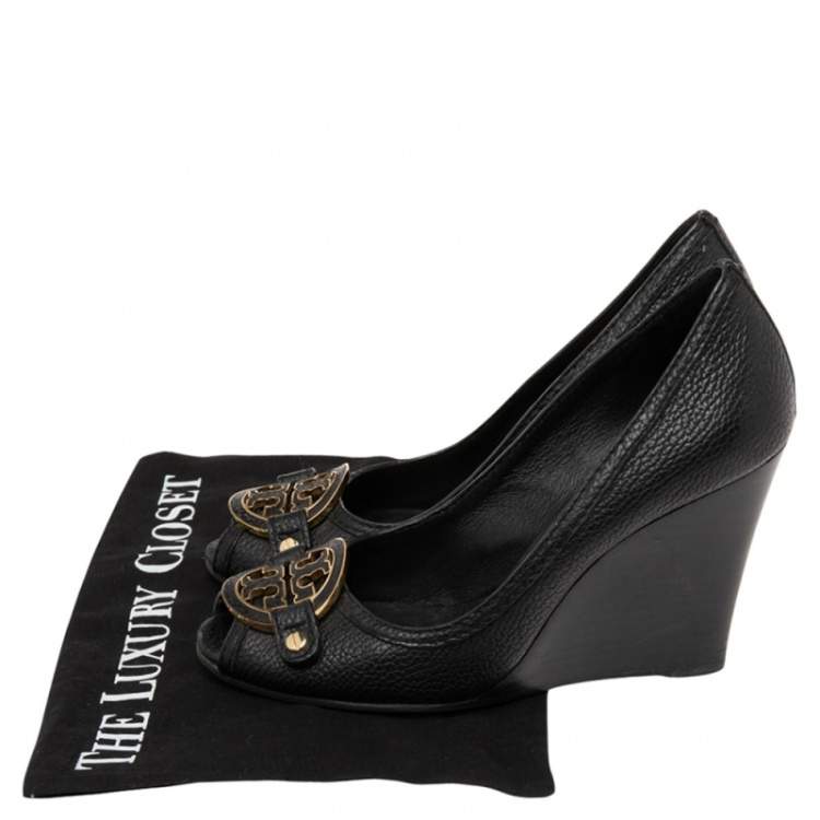 Pre Owned Tory Burch Black Leather Leticia Peep-Toe Wedge Pumps Size 38