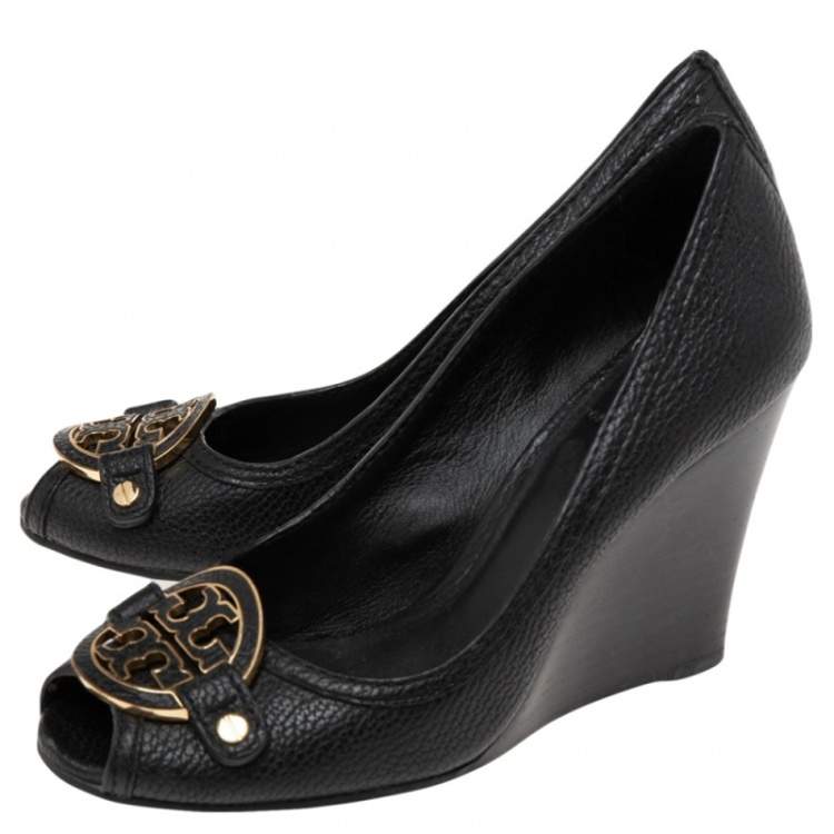 Pre Owned Tory Burch Black Leather Leticia Peep-Toe Wedge Pumps Size 38