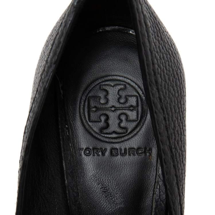 Pre Owned Tory Burch Black Leather Leticia Peep-Toe Wedge Pumps Size 38