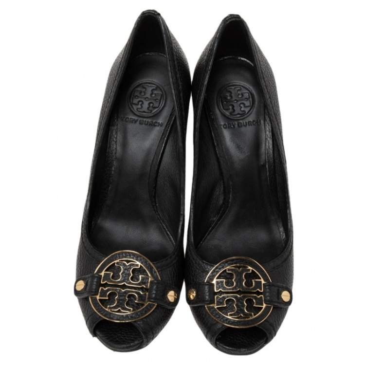 Pre Owned Tory Burch Black Leather Leticia Peep-Toe Wedge Pumps Size 38