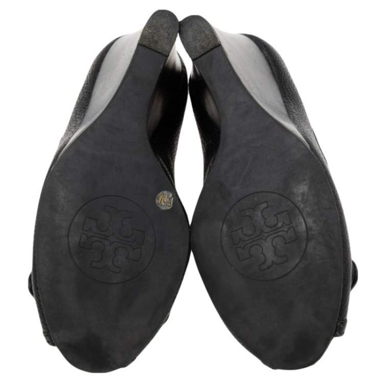 Pre Owned Tory Burch Black Leather Leticia Peep-Toe Wedge Pumps Size 38