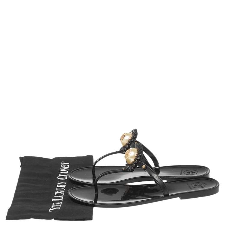 Pre Owned Tory Burch Black Jelly Logo Pearl Melody Flat Thong Sandals Size 39.5