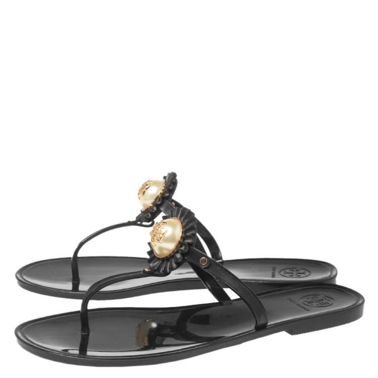 Pre Owned Tory Burch Black Jelly Logo Pearl Melody Flat Thong Sandals Size 39.5