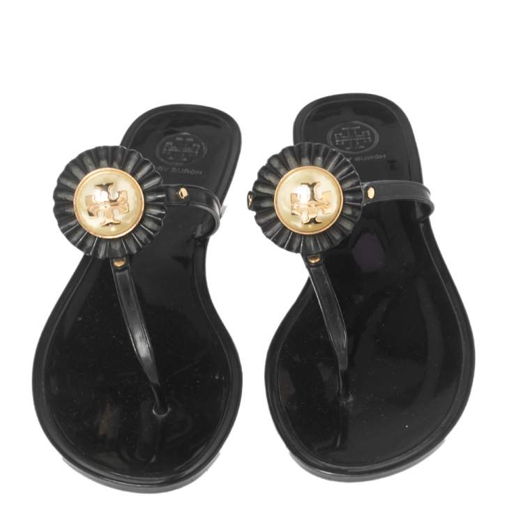 Pre Owned Tory Burch Black Jelly Logo Pearl Melody Flat Thong Sandals Size 39.5