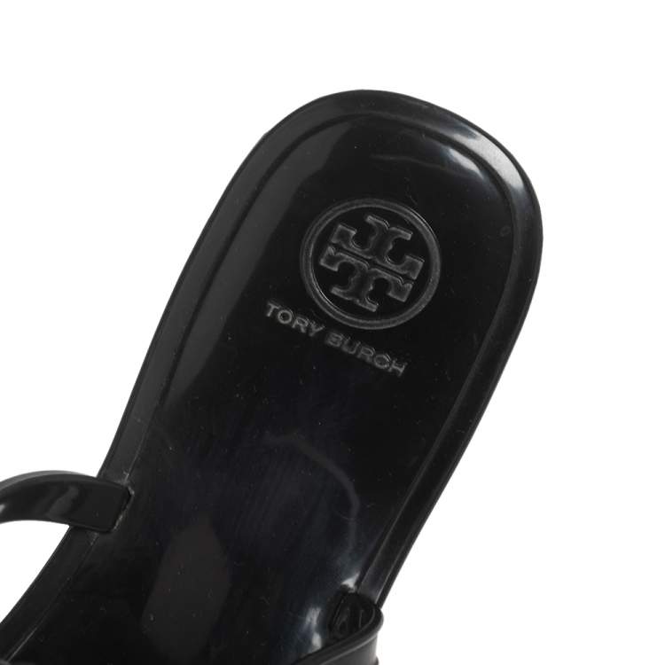 Pre Owned Tory Burch Black Jelly Logo Pearl Melody Flat Thong Sandals Size 39.5