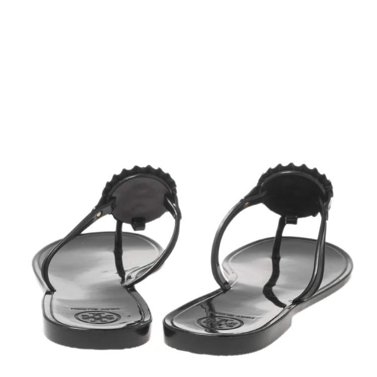 Pre Owned Tory Burch Black Jelly Logo Pearl Melody Flat Thong Sandals Size 39.5