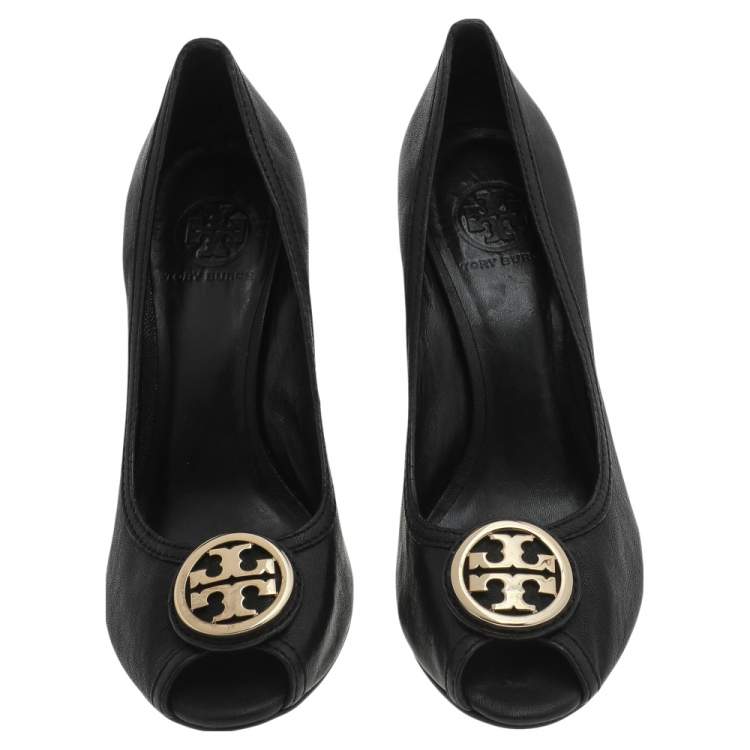Pre Owned Tory Burch Black Leather Wedge Pumps Size 39