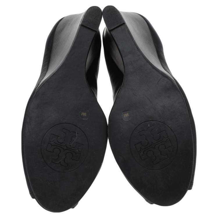 Pre Owned Tory Burch Black Leather Wedge Pumps Size 39