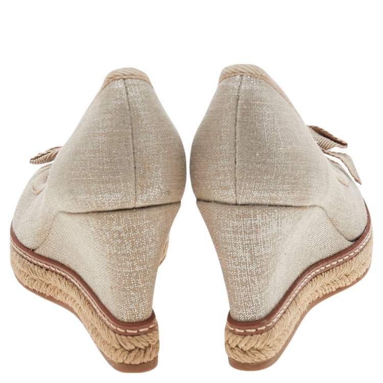 Pre Owned Tory Burch Grey Fabric Wedge Pumps Size 35