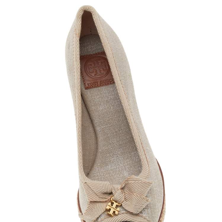 Pre Owned Tory Burch Grey Fabric Wedge Pumps Size 35