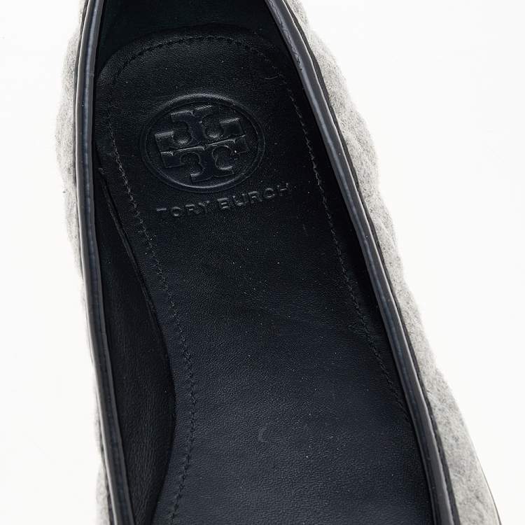 Pre Owned Tory Burch Grey Wool And Patent Leather Flats Size 37.5