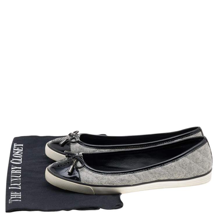 Pre Owned Tory Burch Grey Wool And Patent Leather Flats Size 37.5