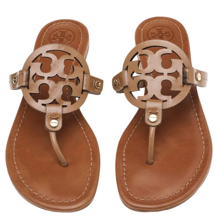 Pre Owned Tory Burch Brown Patent Leather Miller Flat Thong Sandals Size 39