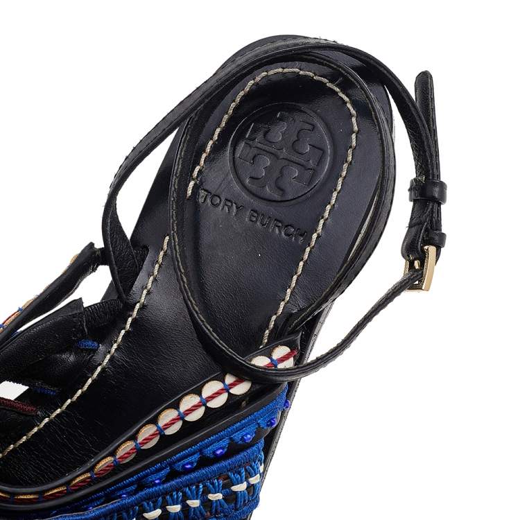 مملوكة مسبقًا Tory Burch Black Leather Embroidered Strappy Flat Sandals Size 38