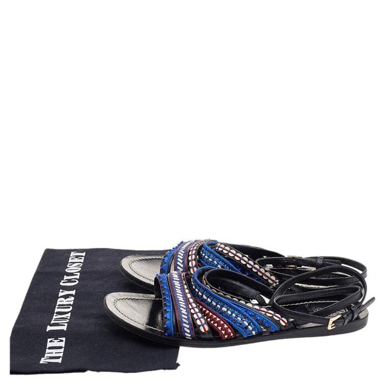 مملوكة مسبقًا Tory Burch Black Leather Embroidered Strappy Flat Sandals Size 38