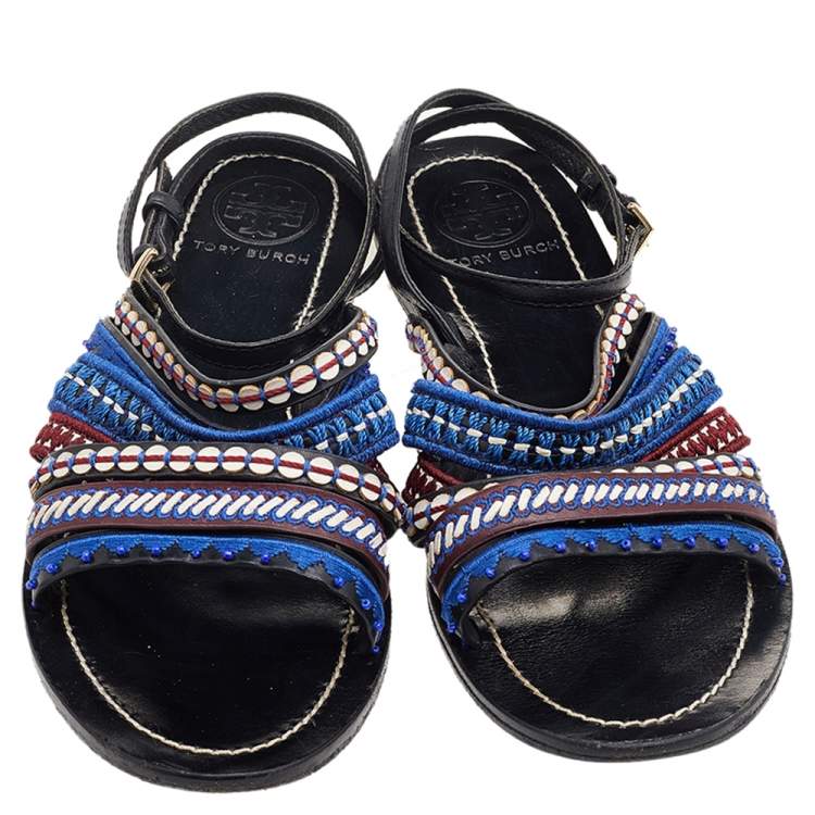 مملوكة مسبقًا Tory Burch Black Leather Embroidered Strappy Flat Sandals Size 38