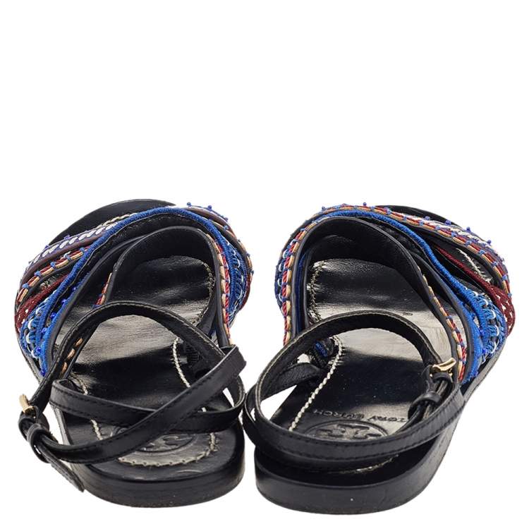 مملوكة مسبقًا Tory Burch Black Leather Embroidered Strappy Flat Sandals Size 38