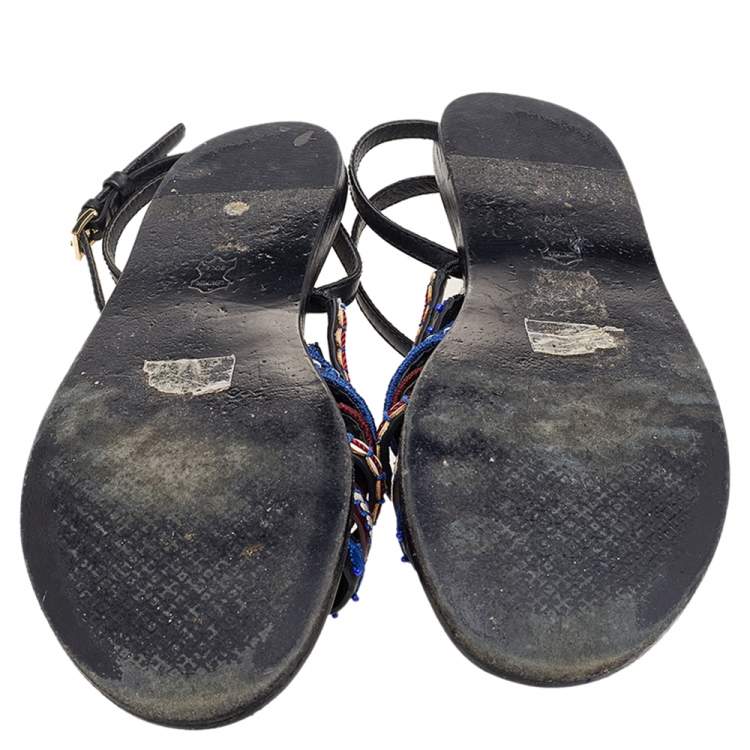 مملوكة مسبقًا Tory Burch Black Leather Embroidered Strappy Flat Sandals Size 38