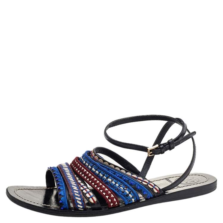 مملوكة مسبقًا Tory Burch Black Leather Embroidered Strappy Flat Sandals Size 38
