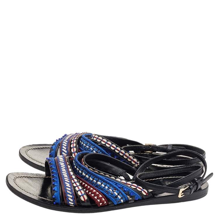 مملوكة مسبقًا Tory Burch Black Leather Embroidered Strappy Flat Sandals Size 38