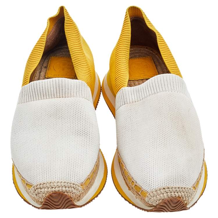 Pre Owned Tory Burch White/Yellow Knit Fabric Daisy Espadrille Slip On Sneakers Size 38.5