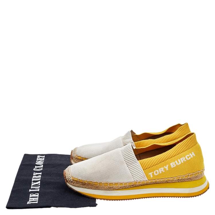 Pre Owned Tory Burch White/Yellow Knit Fabric Daisy Espadrille Slip On Sneakers Size 38.5