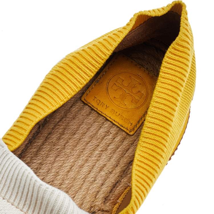 Pre Owned Tory Burch White/Yellow Knit Fabric Daisy Espadrille Slip On Sneakers Size 38.5