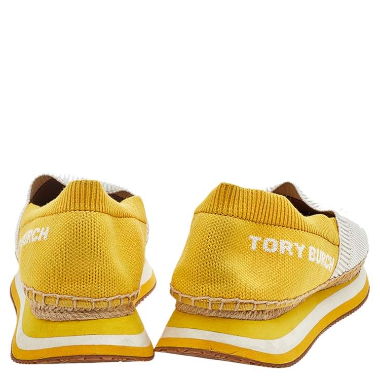 Pre Owned Tory Burch White/Yellow Knit Fabric Daisy Espadrille Slip On Sneakers Size 38.5