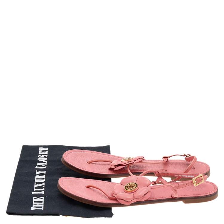 Pre Owned Tory Burch Pink Leather Flower Embellished Flat Thong Sandals Size 38