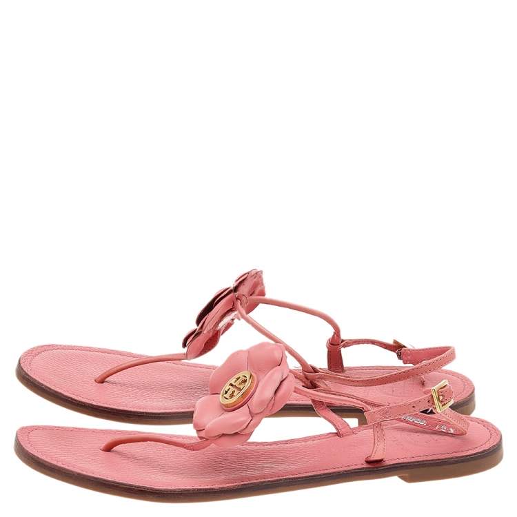 Pre Owned Tory Burch Pink Leather Flower Embellished Flat Thong Sandals Size 38