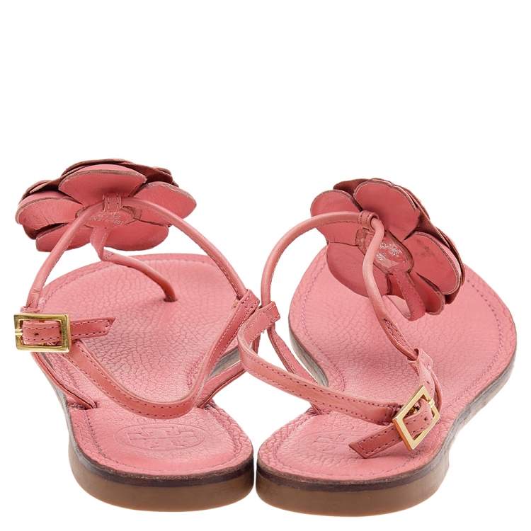 Pre Owned Tory Burch Pink Leather Flower Embellished Flat Thong Sandals Size 38