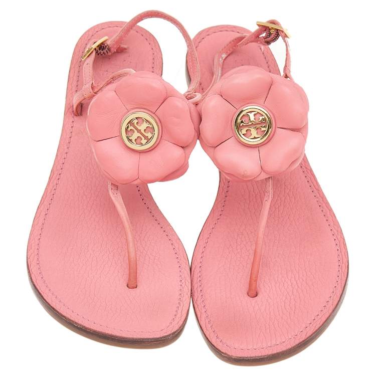 Pre Owned Tory Burch Pink Leather Flower Embellished Flat Thong Sandals Size 38