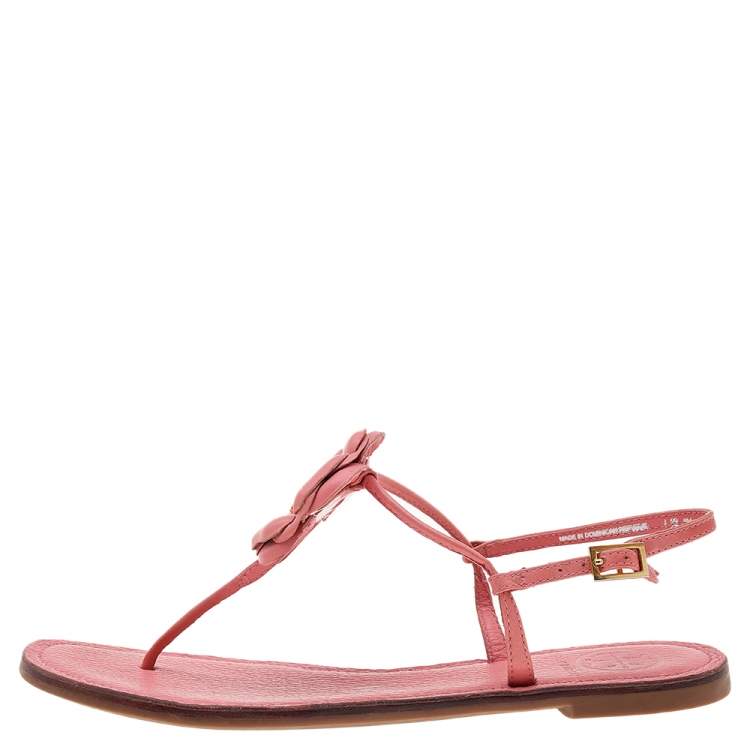 Tory Burch Pink Leather Flower Embellished Flat Thong Sandals Size 38 Tory  Burch | TLC