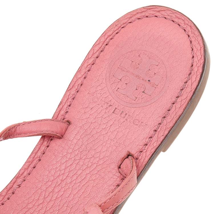 Pre Owned Tory Burch Pink Leather Flower Embellished Flat Thong Sandals Size 38