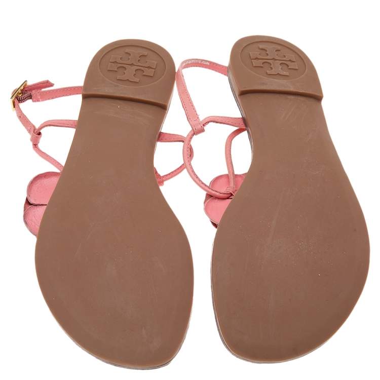 Pre Owned Tory Burch Pink Leather Flower Embellished Flat Thong Sandals Size 38
