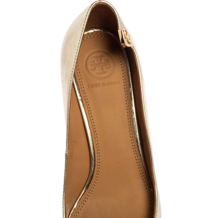 Pre Owned Tory Burch Metallic Gold Leather Pointed Toe Kitten Heel Pumps Size 38