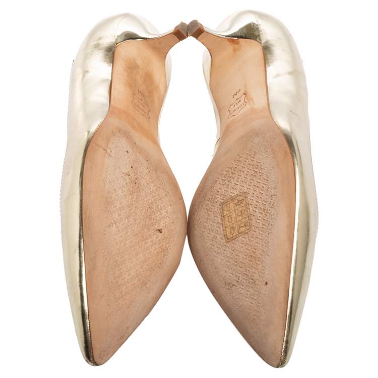 Pre Owned Tory Burch Metallic Gold Leather Pointed Toe Kitten Heel Pumps Size 38