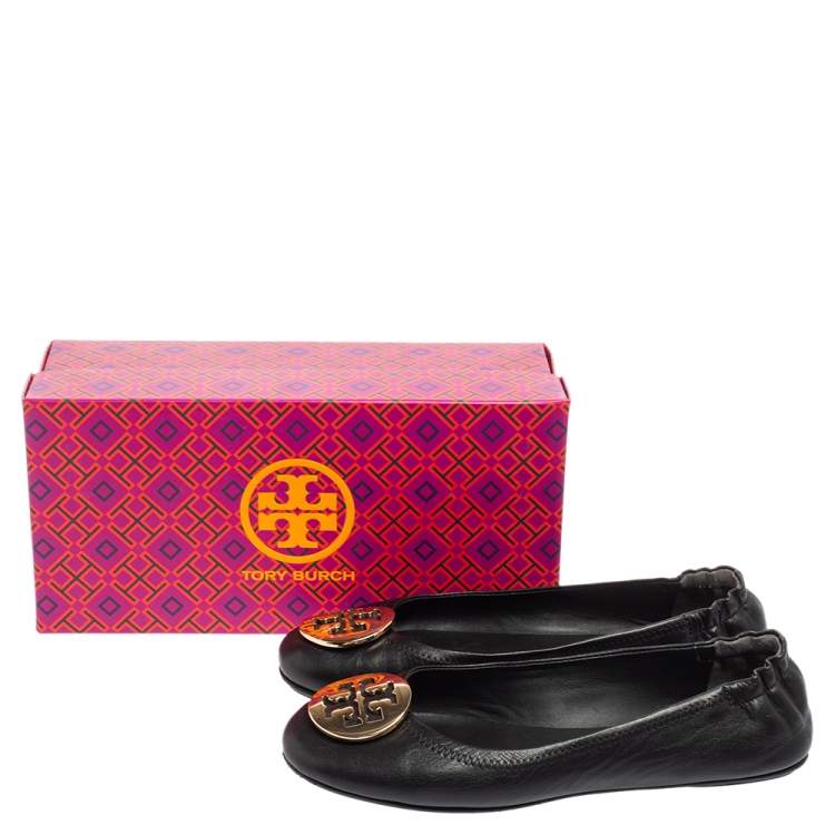 Pre Owned Tory Burch Black Leather Minnie Travel Logo Ballet Flats Size 38