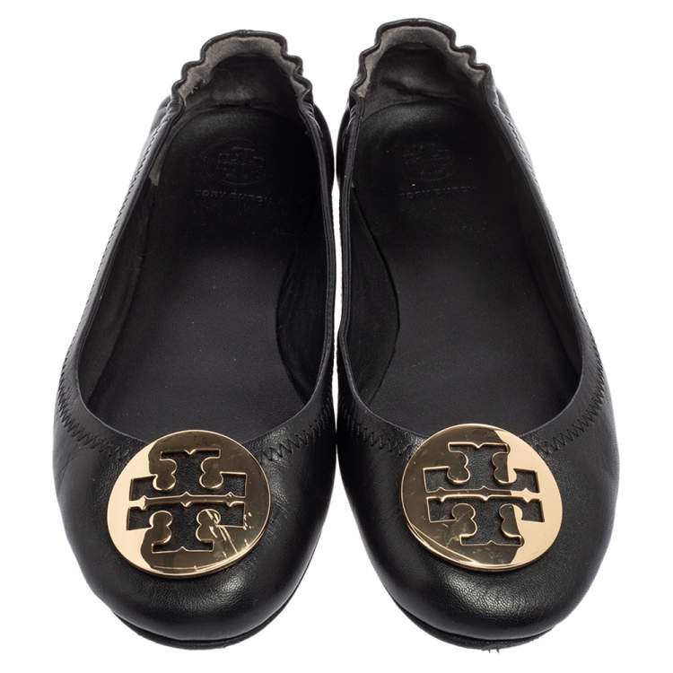 Pre Owned Tory Burch Black Leather Minnie Travel Logo Ballet Flats Size 38