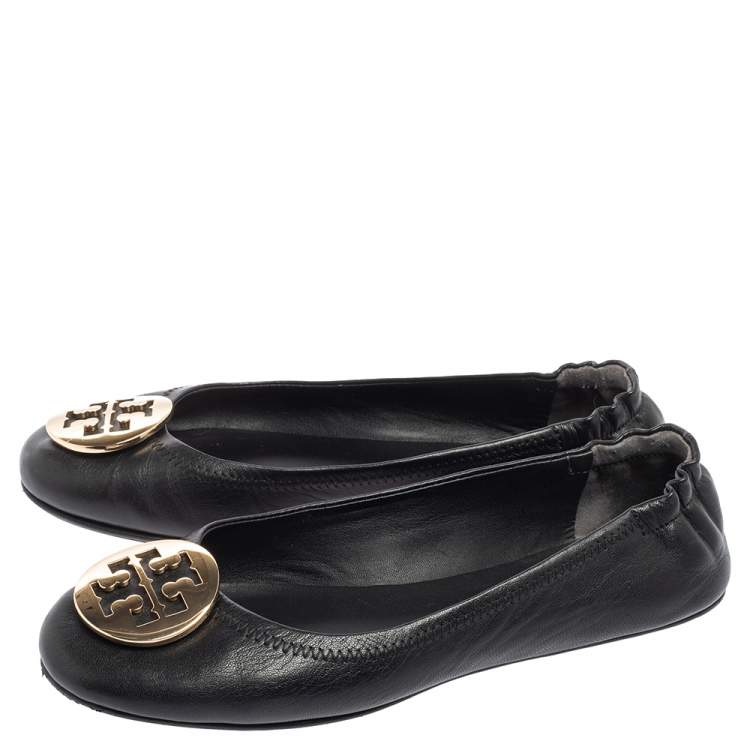 Pre Owned Tory Burch Black Leather Minnie Travel Logo Ballet Flats Size 38
