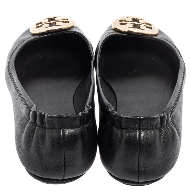 Pre Owned Tory Burch Black Leather Minnie Travel Logo Ballet Flats Size 38