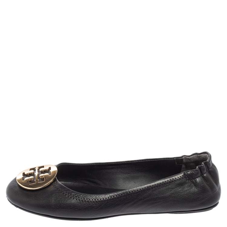 Pre Owned Tory Burch Black Leather Minnie Travel Logo Ballet Flats Size 38