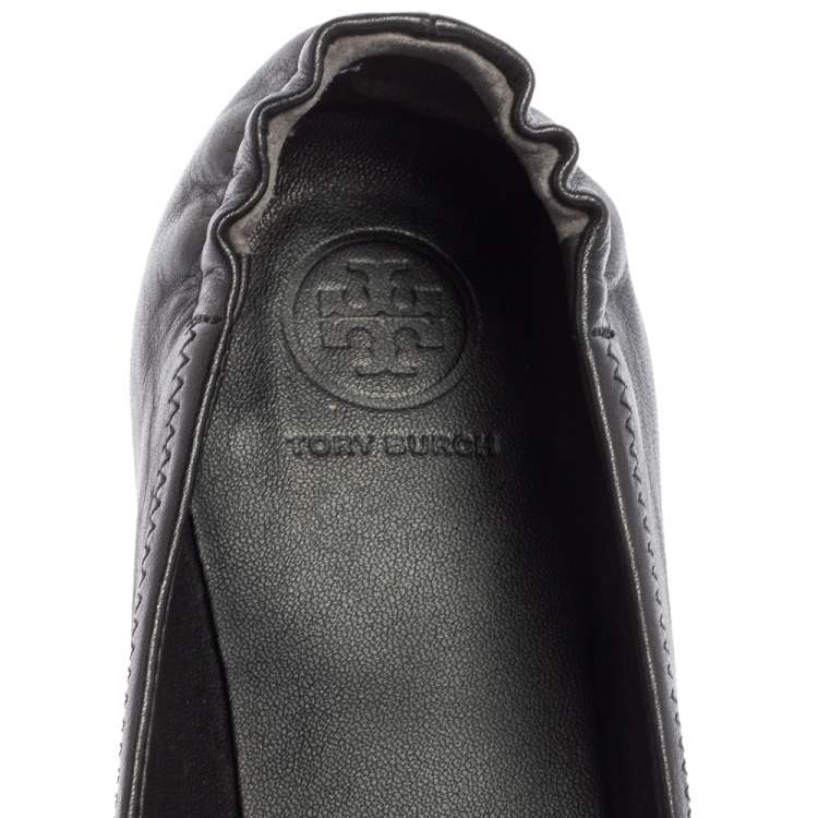 Pre Owned Tory Burch Black Leather Minnie Travel Logo Ballet Flats Size 38