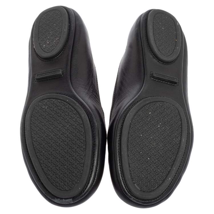 Pre Owned Tory Burch Black Leather Minnie Travel Logo Ballet Flats Size 38