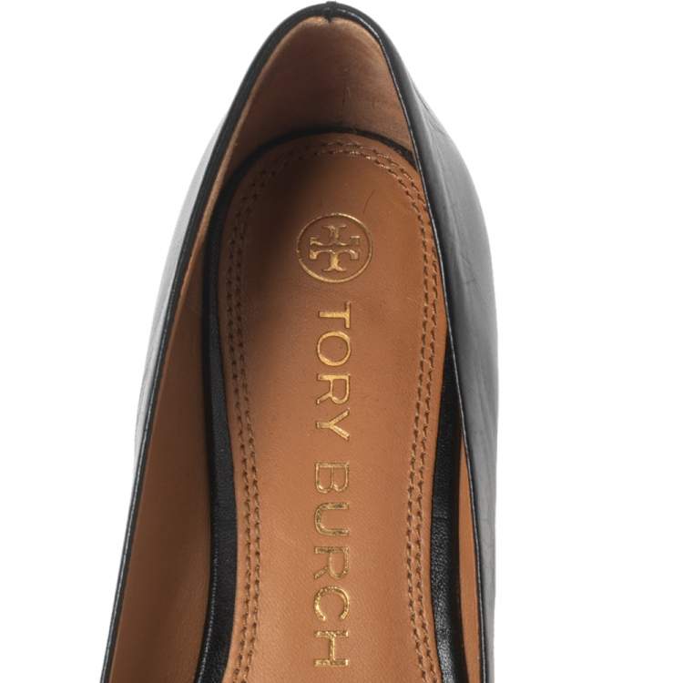 Pre Owned Tory Burch Black Leather Multi Logo Ballet Flats Size 38