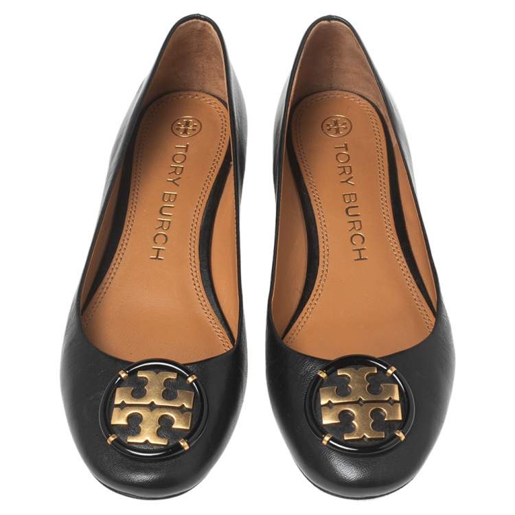 Pre Owned Tory Burch Black Leather Multi Logo Ballet Flats Size 38