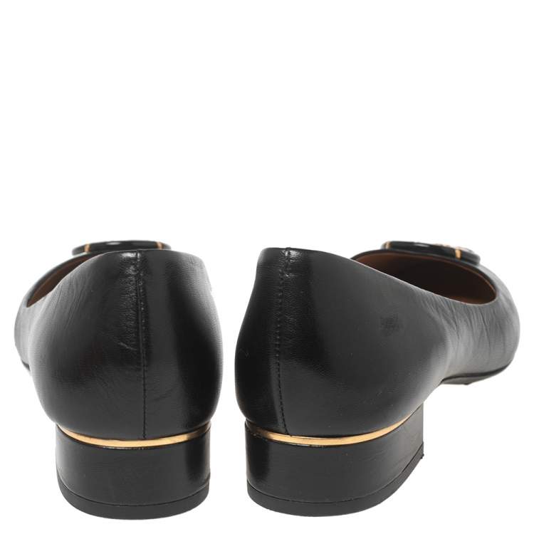 Pre Owned Tory Burch Black Leather Multi Logo Ballet Flats Size 38